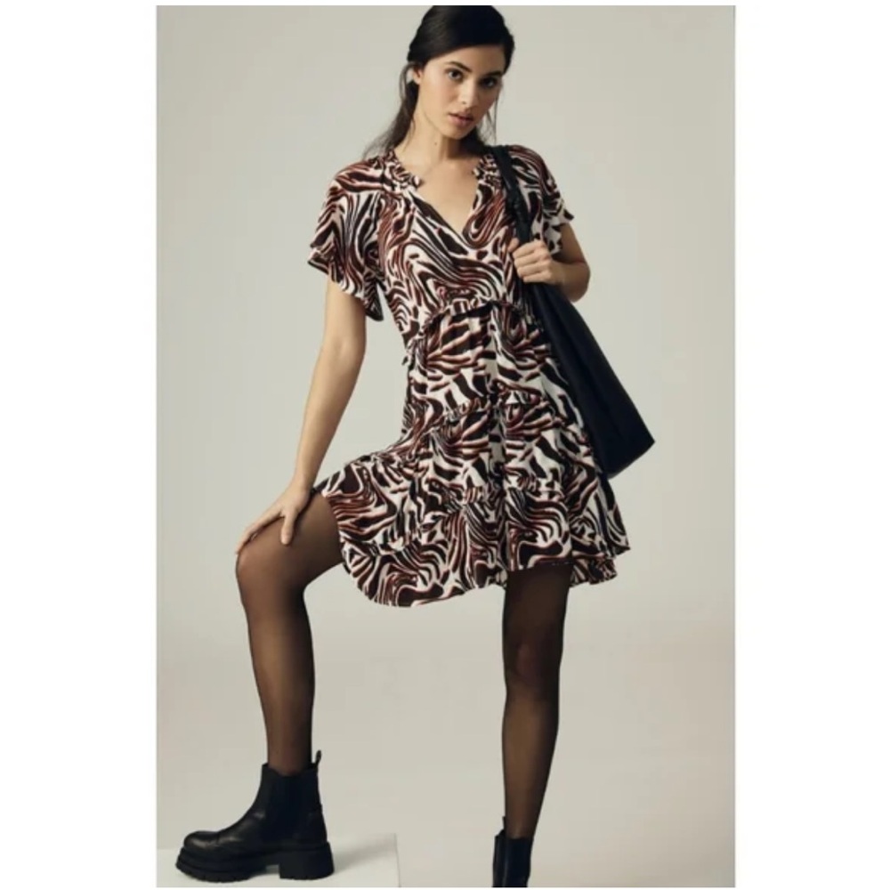 Anthropologie Robin Tiered Brown Orange White Marble Animal Mini Dress small